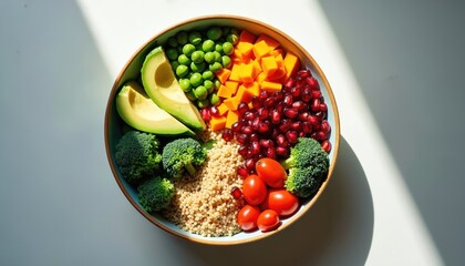 Colorful vegan superfood bowl with quinoa avocado pomegranate kale broccoli peas tomatoes and squash. Healthy meal for good health and nutrition.