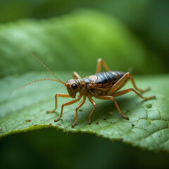 A cricket resting on a green leaf.