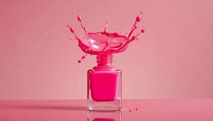 Hot pink nail polish bottle with an explosive upward splash against a monochromatic pink background creating drama