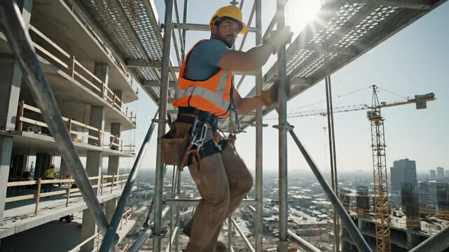 Construction worker climbing scaffolding on a high-rise building site.