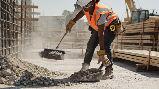Construction worker diligently performing manual labor on a sunny day.
