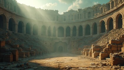 Ancient ruined coliseum arena with stone seats and arches. Sunbeams pierce the hazy sky over the deserted battleground. A historical monument for games or events.
