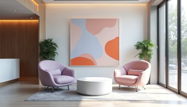 Modern office lobby with pastel chairs and abstract art. Two soft armchairs, white table, green plants, large window view. Light wood floor and walls, contemporary lobby space.