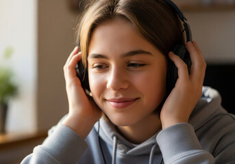 Young student wearing headphones, engrossed in listening, with a serene expression, suggesting focus and engagement while studying or relaxing indoors