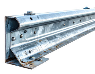 Close-up of a metal road barrier, showing bolts, scratches, and wear