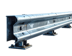 Metallic highway safety barrier, strong and reflective, mounted on sturdy supports, isolated on black
