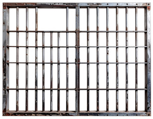Rusty, old metal jail bars, with a rectangular opening in the upper frame