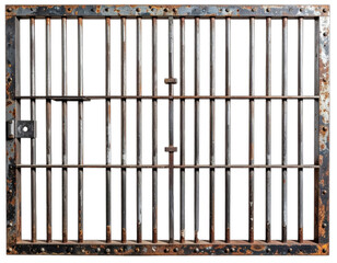 A frontal view depicts a rusty rectangular prison gate against a black background