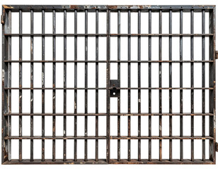 A frontal view of a heavy, metal prison door with vertical and horizontal bars
