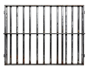 Rusty, aged iron bars forming a grid against a black void