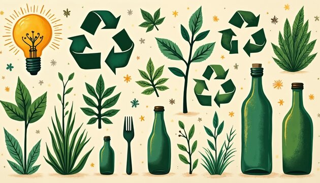 Eco icons for sustainability show recycling symbols plant growth light bulb and green glass bottles. Fork represents food waste composting eco friendly lifestyle choices. - Powered by Adobe