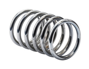 A close-up shot of a shiny, metallic coil spring isolated against a transparent background
