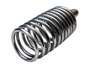 Close-up of a tightly coiled, metallic spring against a black backdrop, showing a threaded end
