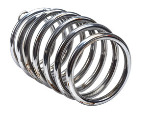 Close-up of a metallic coil spring on black background with light reflections