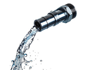 Close-up of a metal pipe releasing flowing water against a stark black background