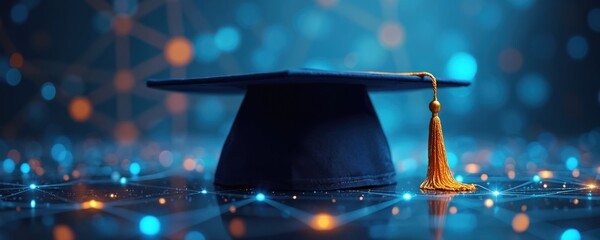 Academic graduation cap rests on a dark surface. Abstract blue and orange digital network lights create a futuristic, tech-focused background. Symbolizes learning, achievement, and modern education.