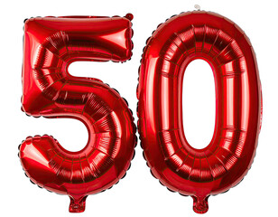 Two large, shiny, crimson balloons shaped as the numbers 5 and 0, signifying the number fifty
