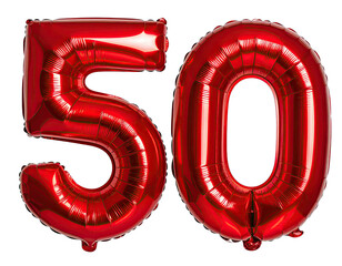 Large red foil balloon numerals '50' isolated against a dark backdrop, perfect for celebrations