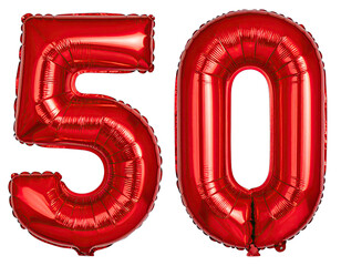 Two inflated, shiny, red number balloons forming the numeral "50" against a black backdrop