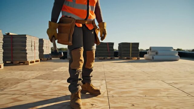 Construction worker on rooftop using hammer on plywood during daytime.