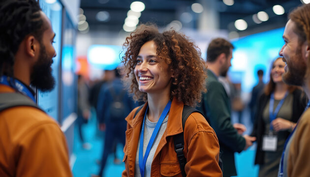 Diverse professionals interact at a busy tech expo booth. People discuss ideas and network among exhibits. Attendees share knowledge at an industry trade show. - Powered by Adobe