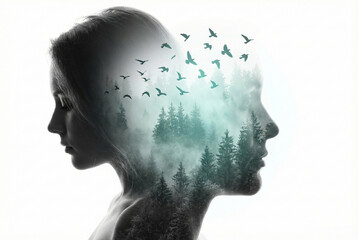 Double exposure profile portrait of woman and misty forest with birds flying, representing mental health, mindfulness and freedom 