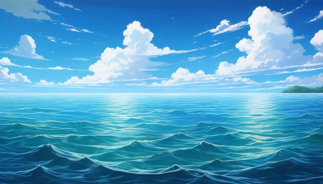 Cartoon Anime Style Ocean Sea Graphic Resource Illustration Calm Waters Blue Skies Background Generated Ai