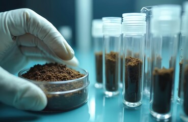 Scientist in gloves holds soil sample in Petri dish. Test tubes with dirt samples lined up. Lab research for farming, plant growth and soil quality checks. Scientific analysis.