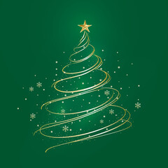 Elegant Christmas tree made of swirling golden lines and snowflakes on green background, vector illustration