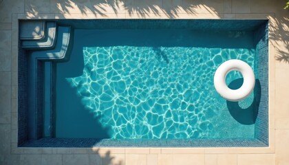 Rectangular swimming pool with clear blue water seen from above. A white inflatable ring floats on surface. Sunlit water reflects palm tree shadows.