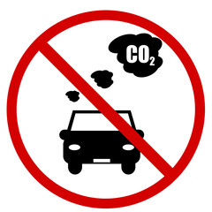 Se&ntilde;al de prohibido de auto con nube de CO2. S&iacute;mbolo de Contaminaci&oacute;n atmosf&eacute;rica del veh&iacute;culo. El coche emite di&oacute;xido carbono. Icono de contaminaci&oacute;n. Vector con estilo minimalista.