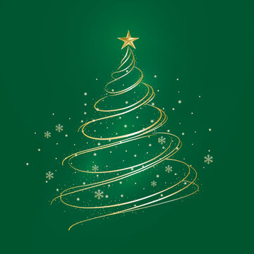 Elegant Christmas tree made of swirling golden lines and snowflakes on green background, vector illustration