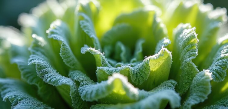 Frozen green lettuce leaves show detailed ice crystals. Macro view of crisp organic vegetable with frost. Natural food texture, winter freshness, healthy diet ingredient.