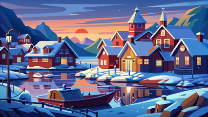 Very beautiful winter scene of a Swedish fisherman village after sunset, featuring snowy rooftops, soft lights, and a calm Scandinavian coastal atmosphere during the cold season.