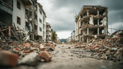 Devastation Aftermath: A Street Scene of Ruined Buildings and Scattered Debris