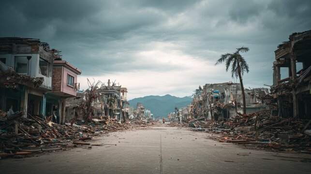 Devastation aftermath in destroyed urban landscape after catastrophic event
