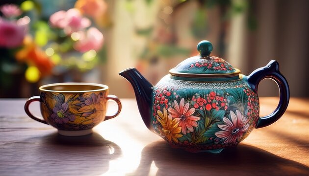 a hand painted teapot with floral designs placed next to a matching cup - Powered by Adobe