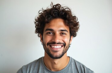 Fototapeta premium Young man with curly dark hair and beard smiles broadly showing white teeth. He wears a grey t-shirt against a neutral background. Casual portrait conveys happiness, confidence, and positive energy.