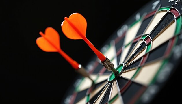 Two orange darts pierce dartboard target in close-up against dark background. Precision game involves aiming for accuracy and scoring points. Darts are thrown with skill. Bullseye is main goal.