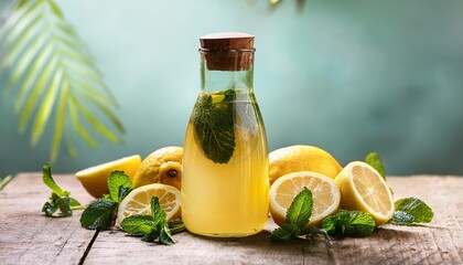 a glass bottle of homemade lemonade surrounded by mint leaves and lemon slices