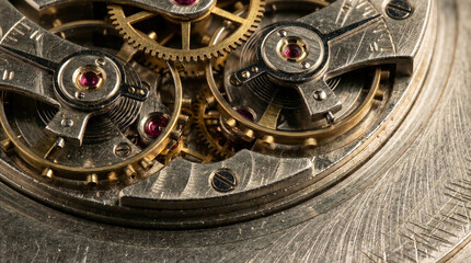 Vintage mechanical watch movement gears and rubies macro