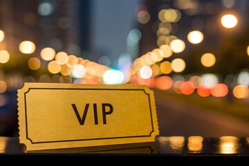 Golden VIP ticket on a city night background with glowing bokeh lights symbolizing exclusivity and prestige. Elegant luxury concept ideal for elite events, nightlife promotions and premium branding.