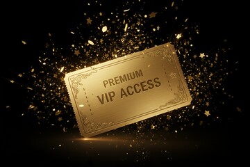 Golden premium VIP access ticket surrounded by sparkling particles symbolizing exclusivity, luxury and elite status. Elegant concept ideal for events, memberships, rewards and high-end branding.