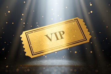 Golden VIP ticket illuminated by spotlight symbolizing exclusivity, prestige and elite access. Luxury concept image perfect for premium events, memberships, rewards and high-end branding.