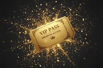 Golden VIP pass surrounded by sparkling particles symbolizing exclusivity, prestige and premium access. Luxury concept image ideal for elite events, memberships, rewards and high-end branding.
