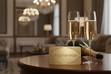 Gold VIP pass card with champagne flutes on a luxury table symbolizing exclusivity, celebration and premium lifestyle. Elegant image ideal for VIP access, elite events and high-end hospitality design.