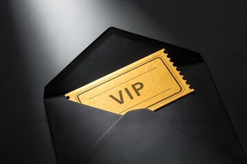 Gold VIP ticket inside a black envelope symbolizing exclusivity, secrecy and premium access. Elegant luxury image ideal for invitations, elite events, private offers and high-end branding concepts.