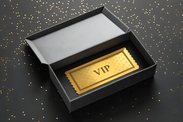 Gold VIP ticket inside a black gift box symbolizing exclusivity, prestige and premium access. Luxury minimal image perfect for elite invitations, special offers, high-end events and premium branding c