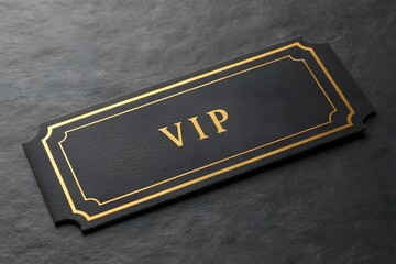 Black VIP ticket with gold foil details on dark stone background symbolizing exclusivity, prestige and premium access. Elegant luxury image perfect for events, branding, invitations and elite 
