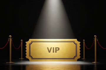 Gold VIP ticket under spotlight with velvet ropes symbolizing exclusivity, prestige and premium access. Elegant luxury concept perfect for elite events, red carpet branding, invitations 
